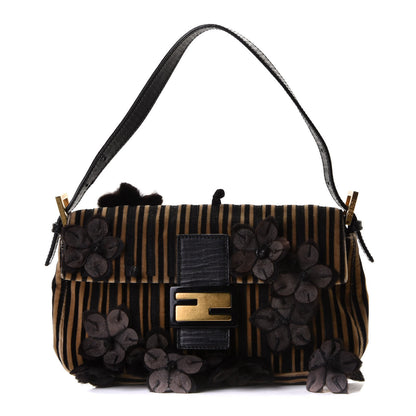 Fendi Velvet Striped Flower Applique Baguette Black Beige 1 of 5