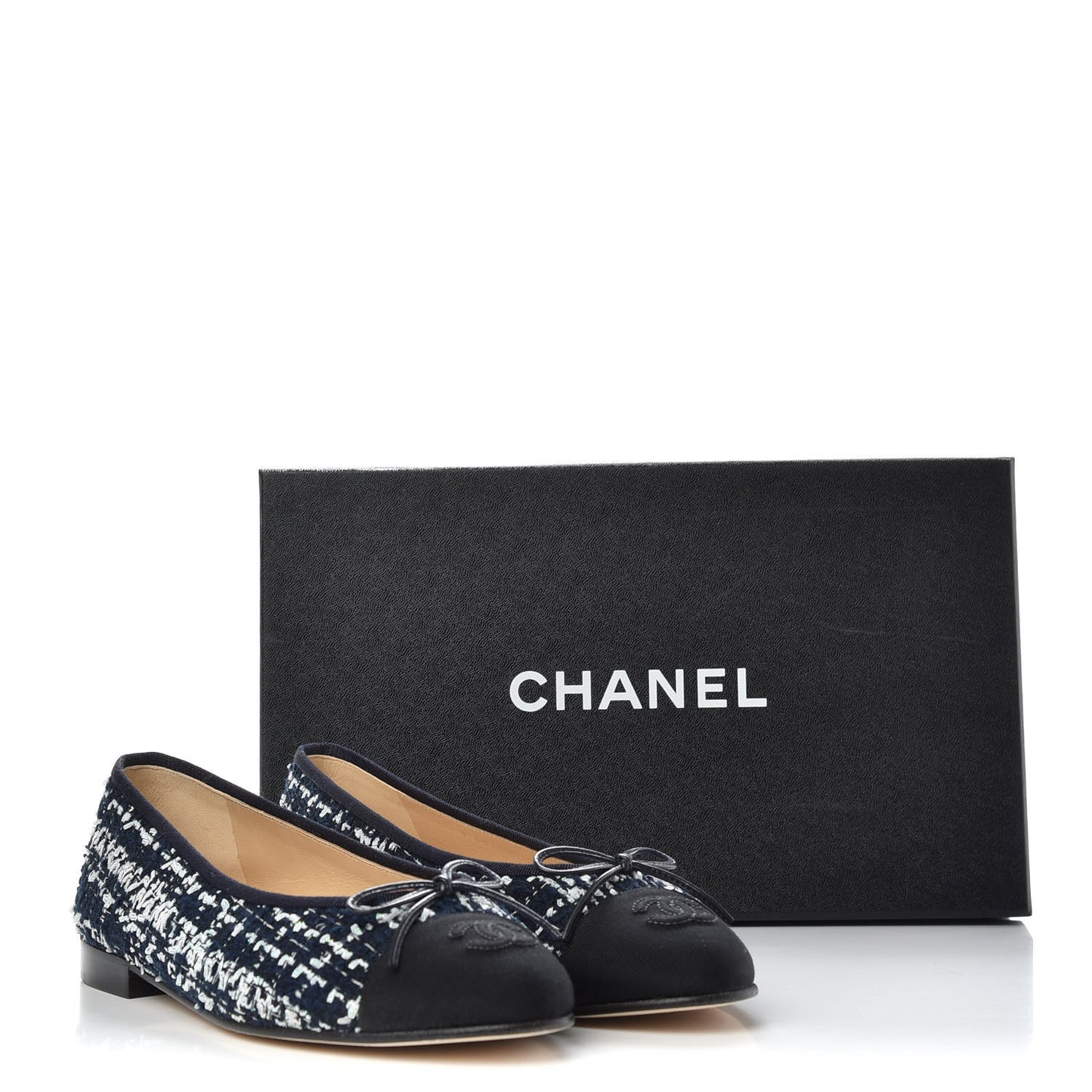 Tweed Grosgrain Cap Toe Ballerina Flats 38.5 Navy Blue White Black