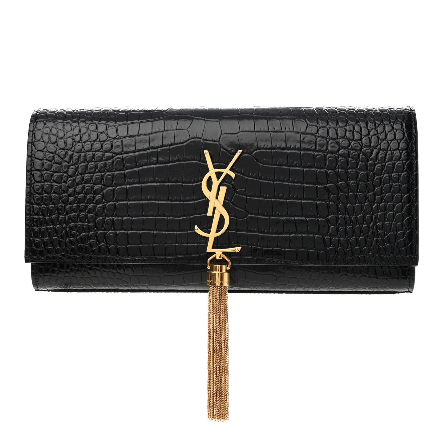Calfskin Crocodile Embossed Classic Monogram Tassel Clutch Black