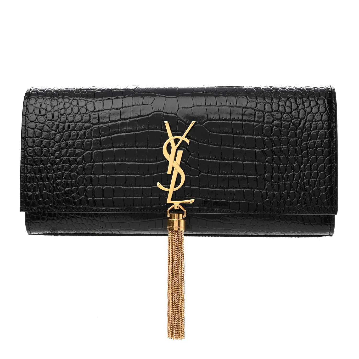Saint Laurent Calfskin Crocodile Embossed Classic Monogram Tassel Clutch Black 1 of 8