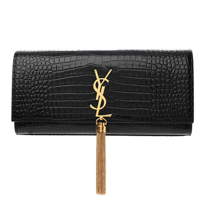 Saint Laurent Calfskin Crocodile Embossed Classic Monogram Tassel Clutch Black 1 of 8