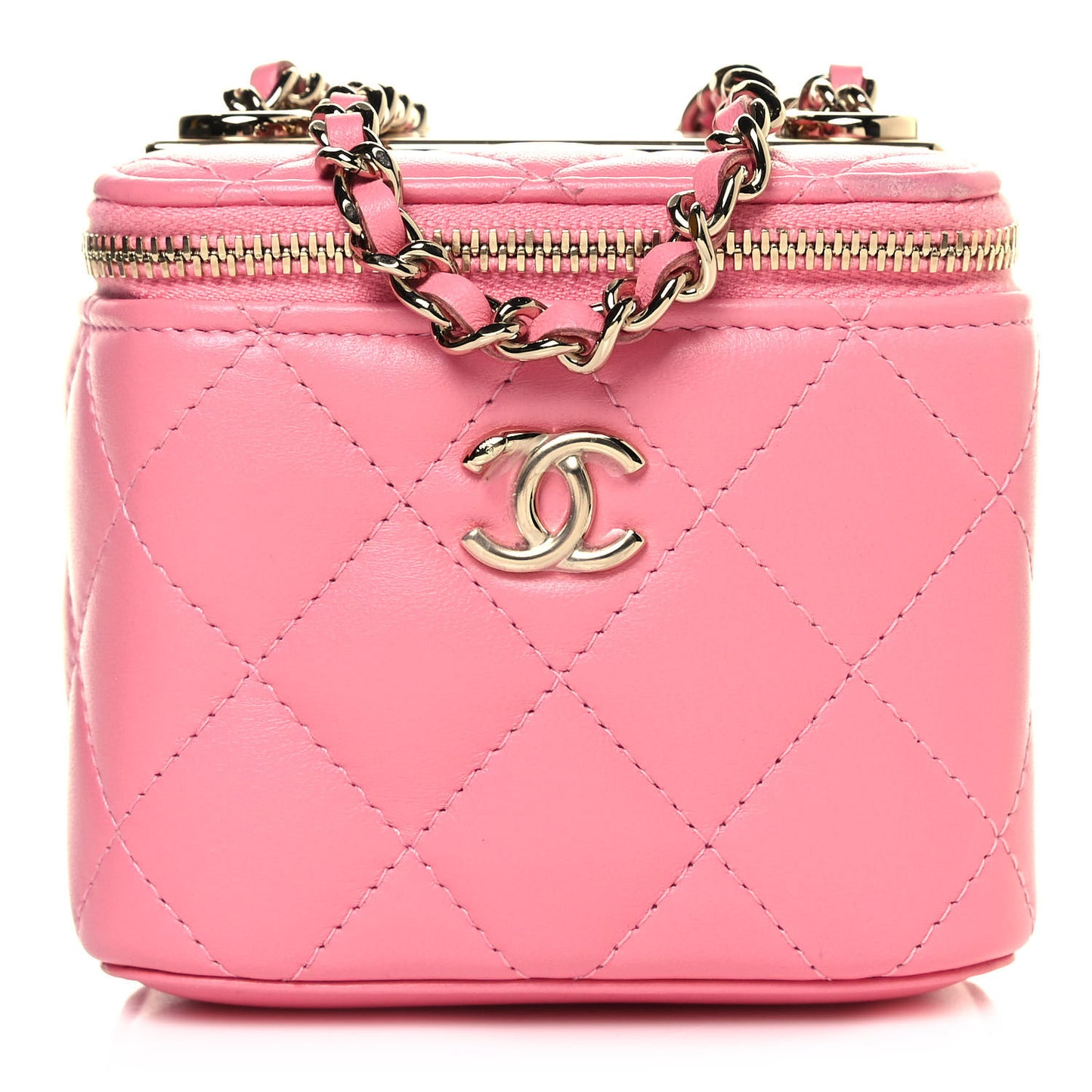 Lambskin Quilted Trendy Mini Vanity Case With Chain Pale Pink