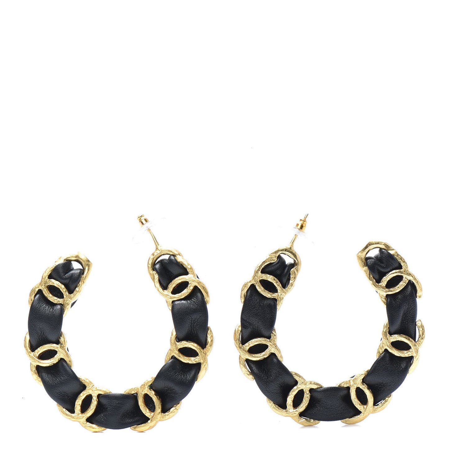 Lambskin CC Chain Hoop Earrings Gold Black