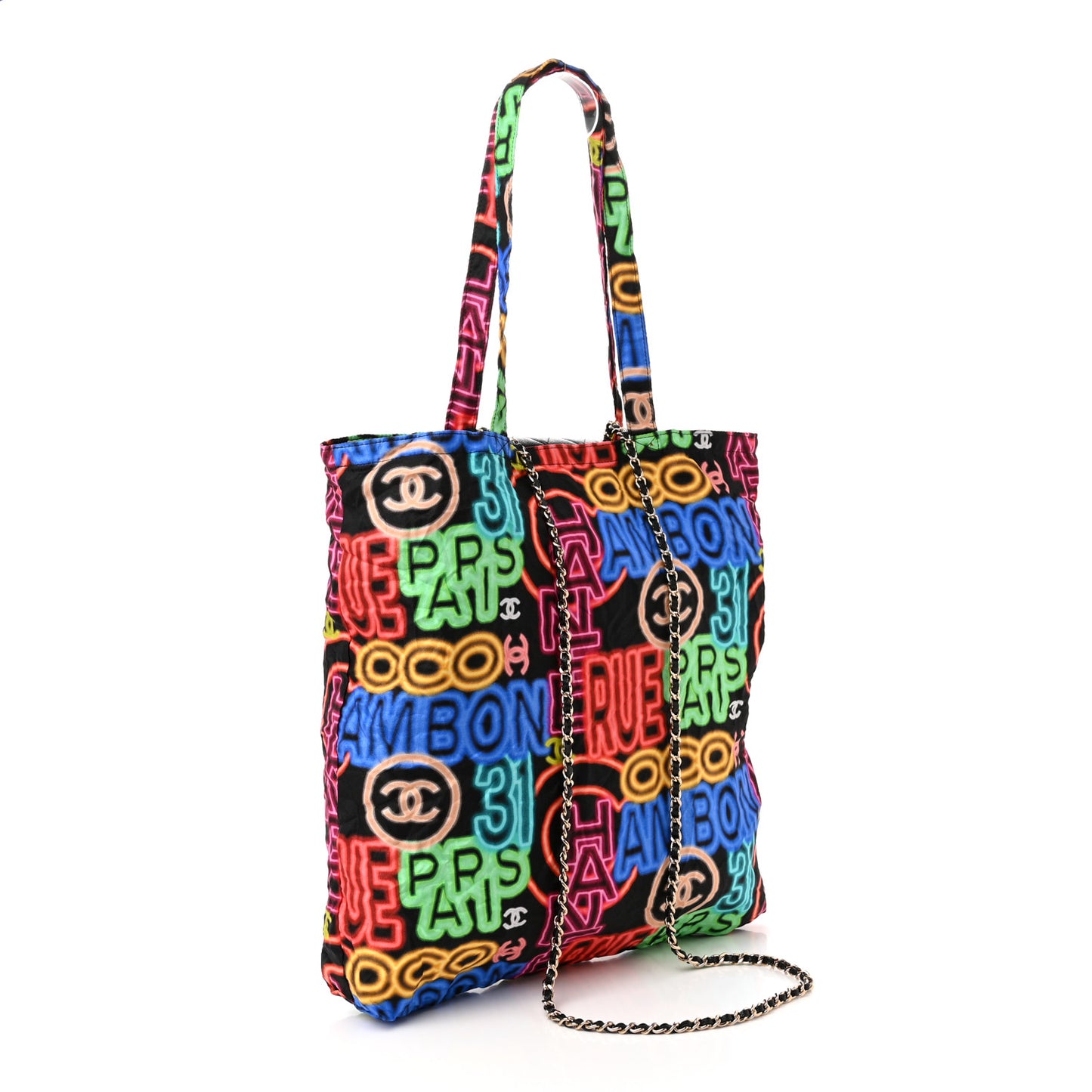 Caviar Fabric Graffiti Foldable Tote Bag With Chain Black Multicolor