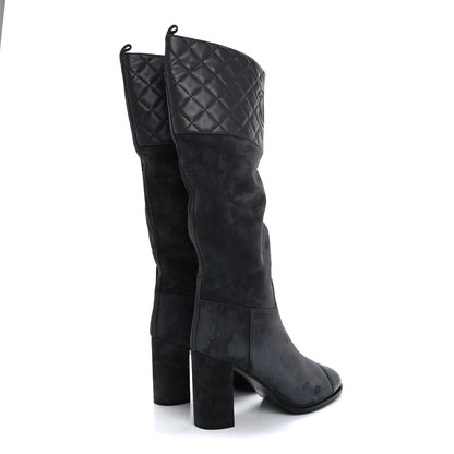 Chanel Suede Calfskin Lambskin Quilted Knee High Boots 40 Grey 4 of 8