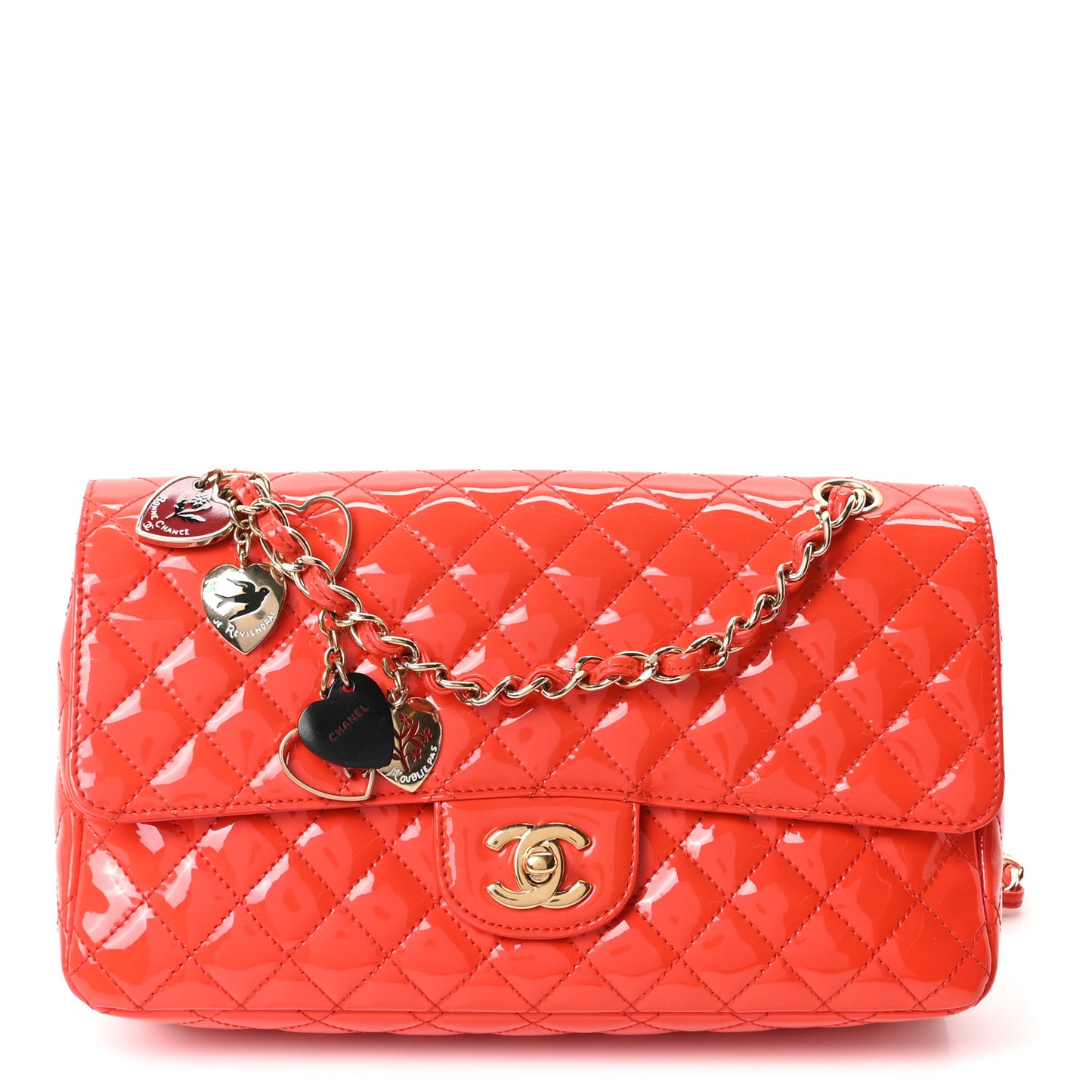 Patent Calfskin Quilted Valentine Charms Medium Single Flap Red