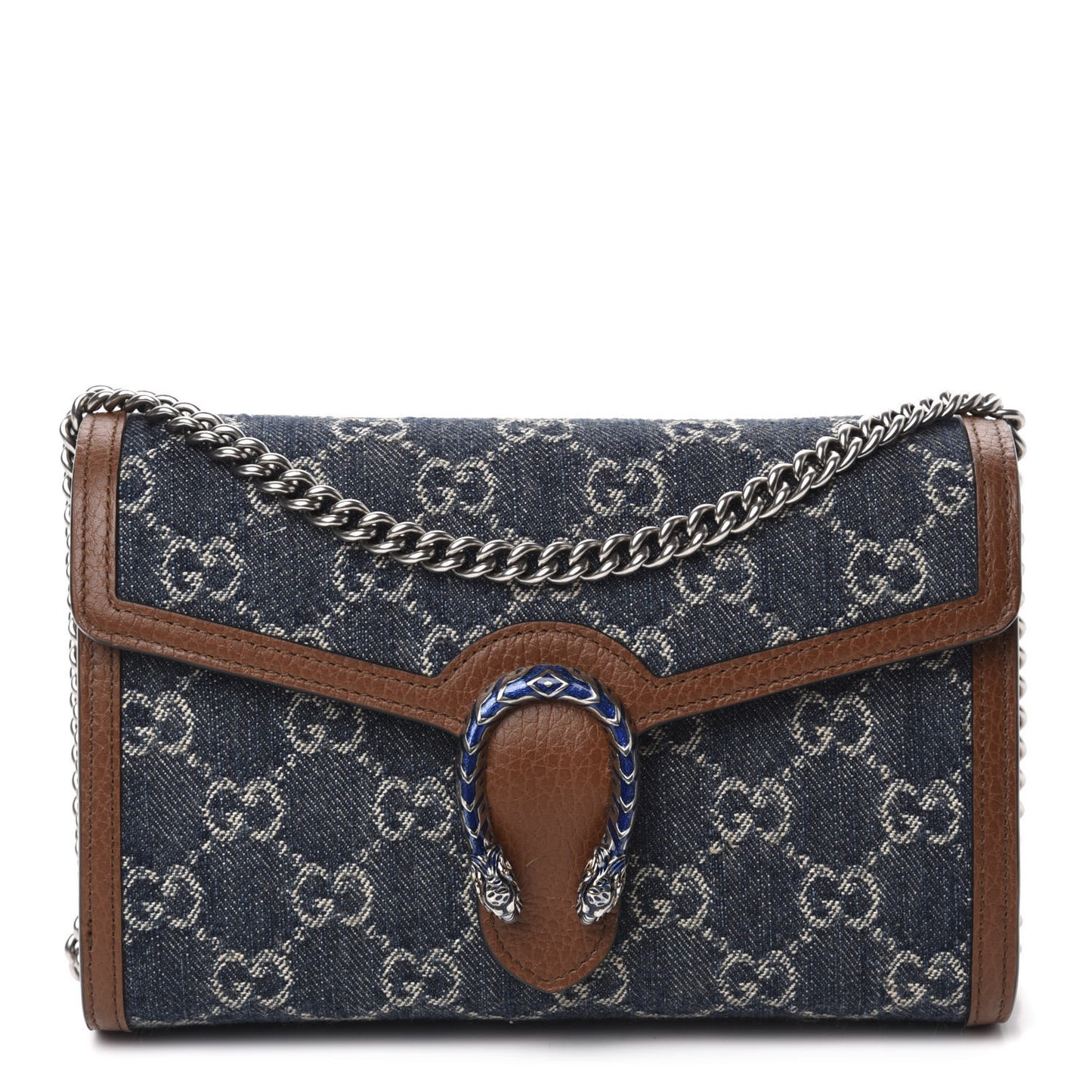 New Denim GG Monogram Dollar Calfskin Enamel Mini Dionysus Chain Wallet Blue Tea Cuir Epilog Electric Blue