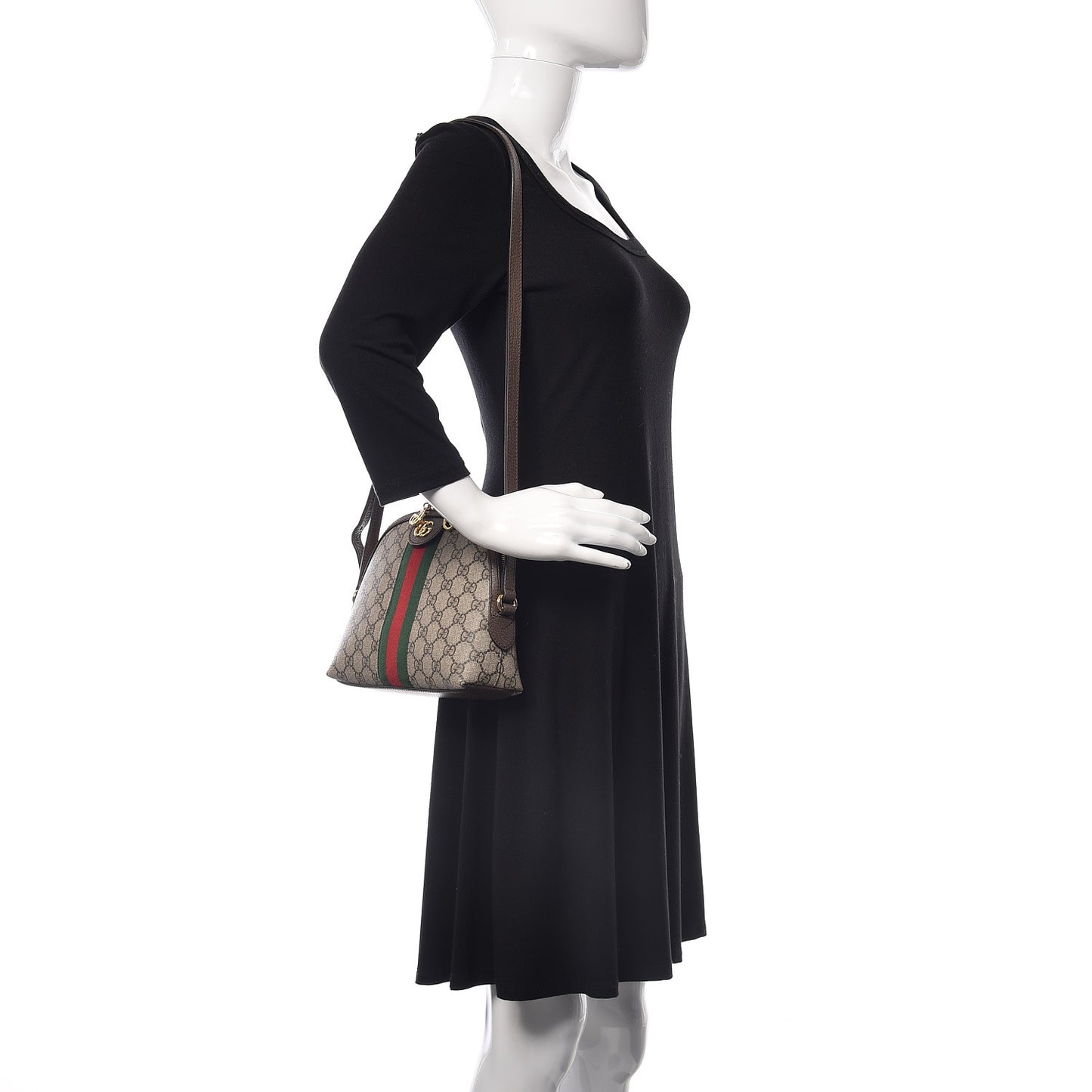 GG Supreme Monogram Textured Dollar Calfskin Web Small Ophidia Dome Shoulder Bag Beige Ebony New Acero