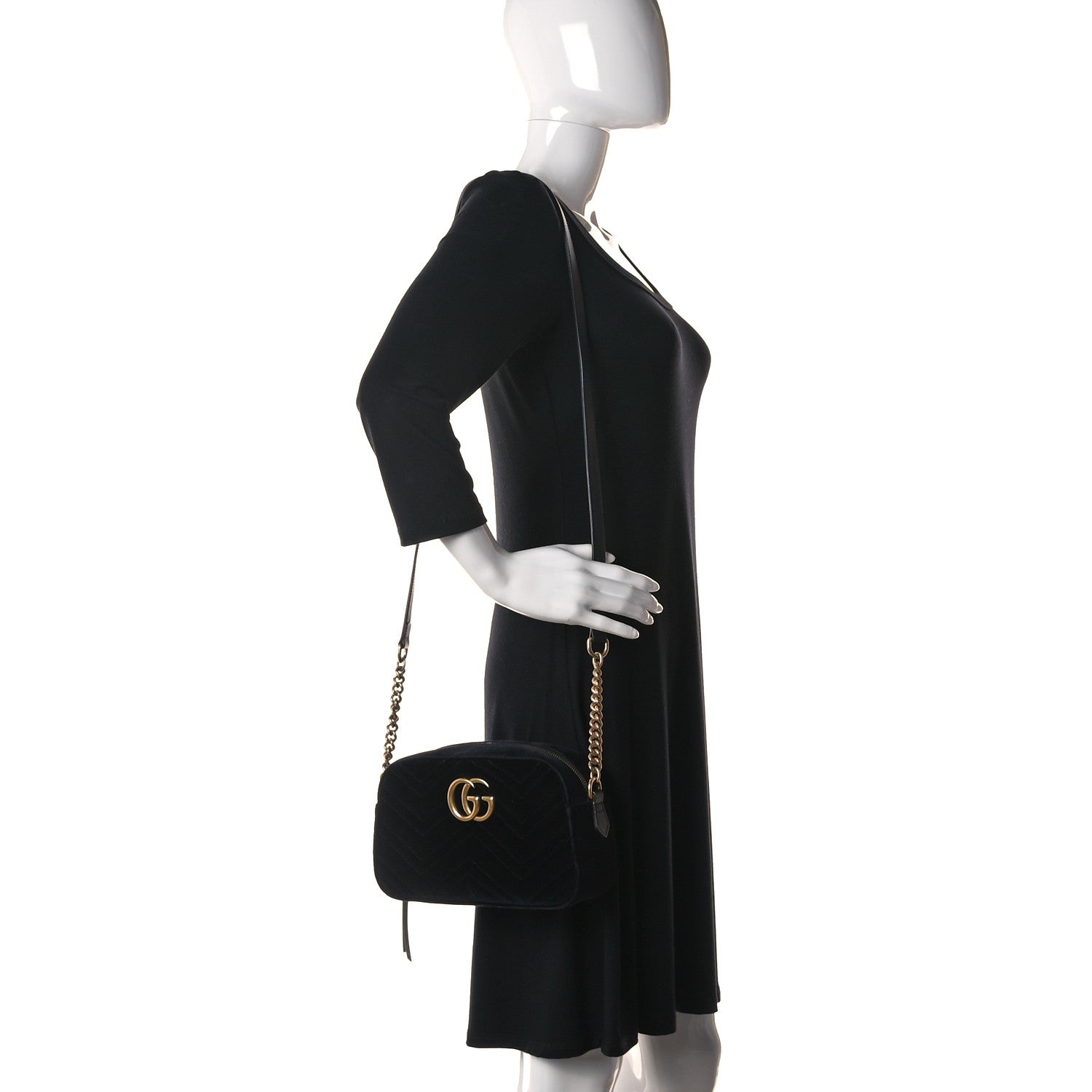 Gucci Velvet Matelasse Small GG Marmont Chain Shoulder Bag Black 2 of 15
