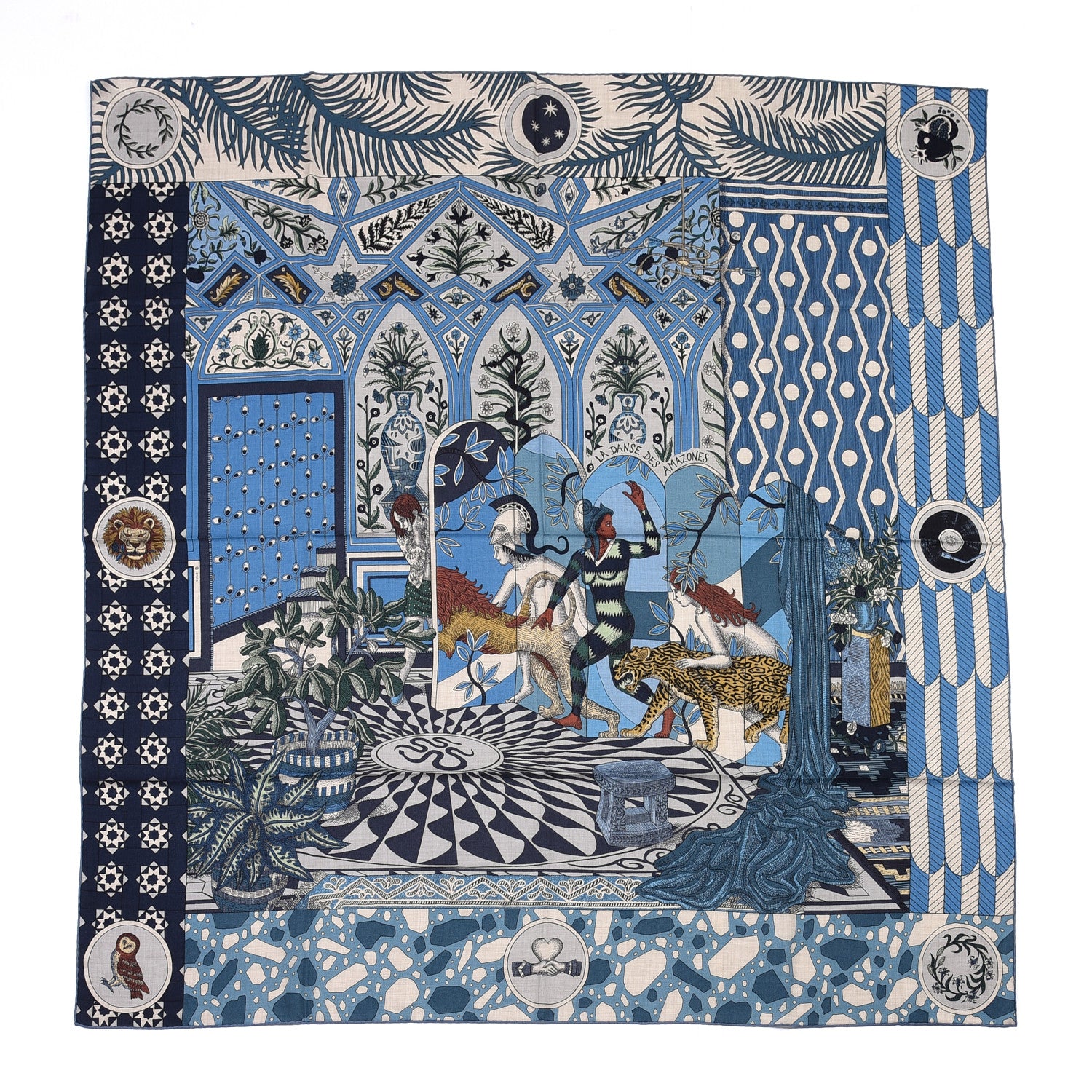 Hermes Cashmere Silk La Danse Des Amazones Shawl 140 Bleu Gris Vert 1 of 6