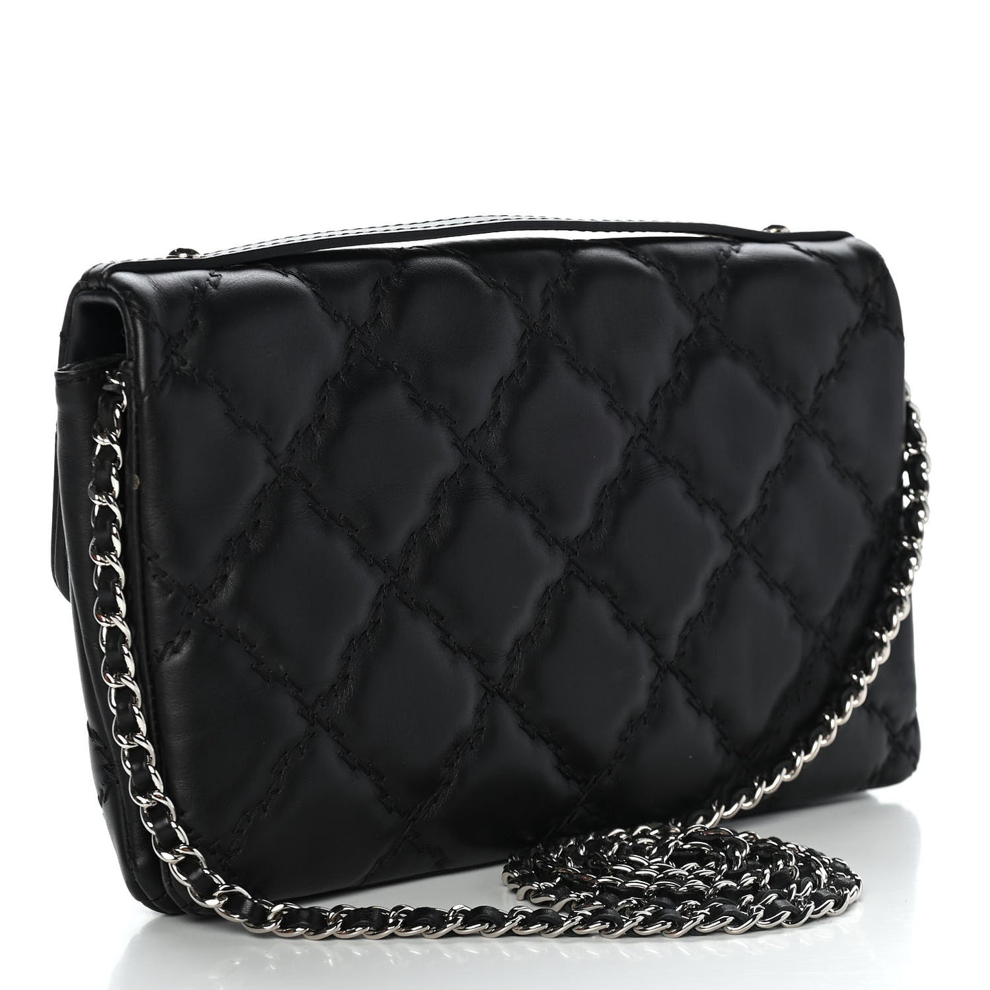 Calfskin Quilted Double Stitch Hamptons Clutch with Chain Black