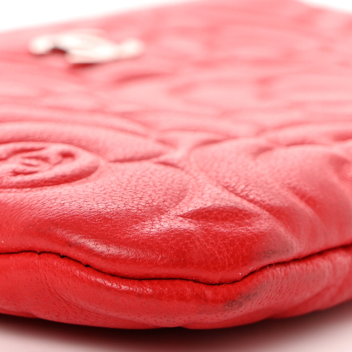 Goatskin Camellia Embossed Cosmetic Pouch Red