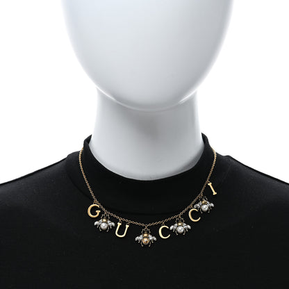 Gucci Metal Crystal Pearl Interlocking G Bee Charm Necklace Gold 3 of 4