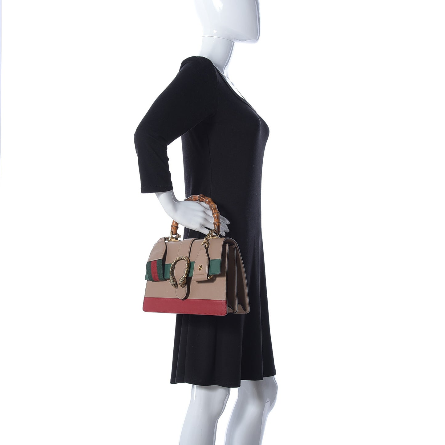 Calfskin Bamboo Web Medium Dionysus Top Handle Bag Camelia Bright Evergreen Hibiscus Red