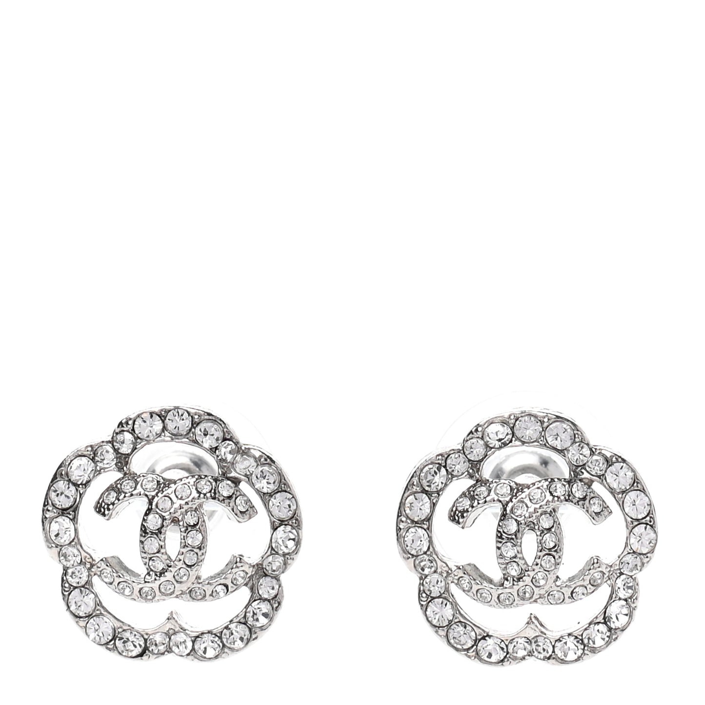Crystal Coco Flapper Camellia CC Stud Earrings Silver