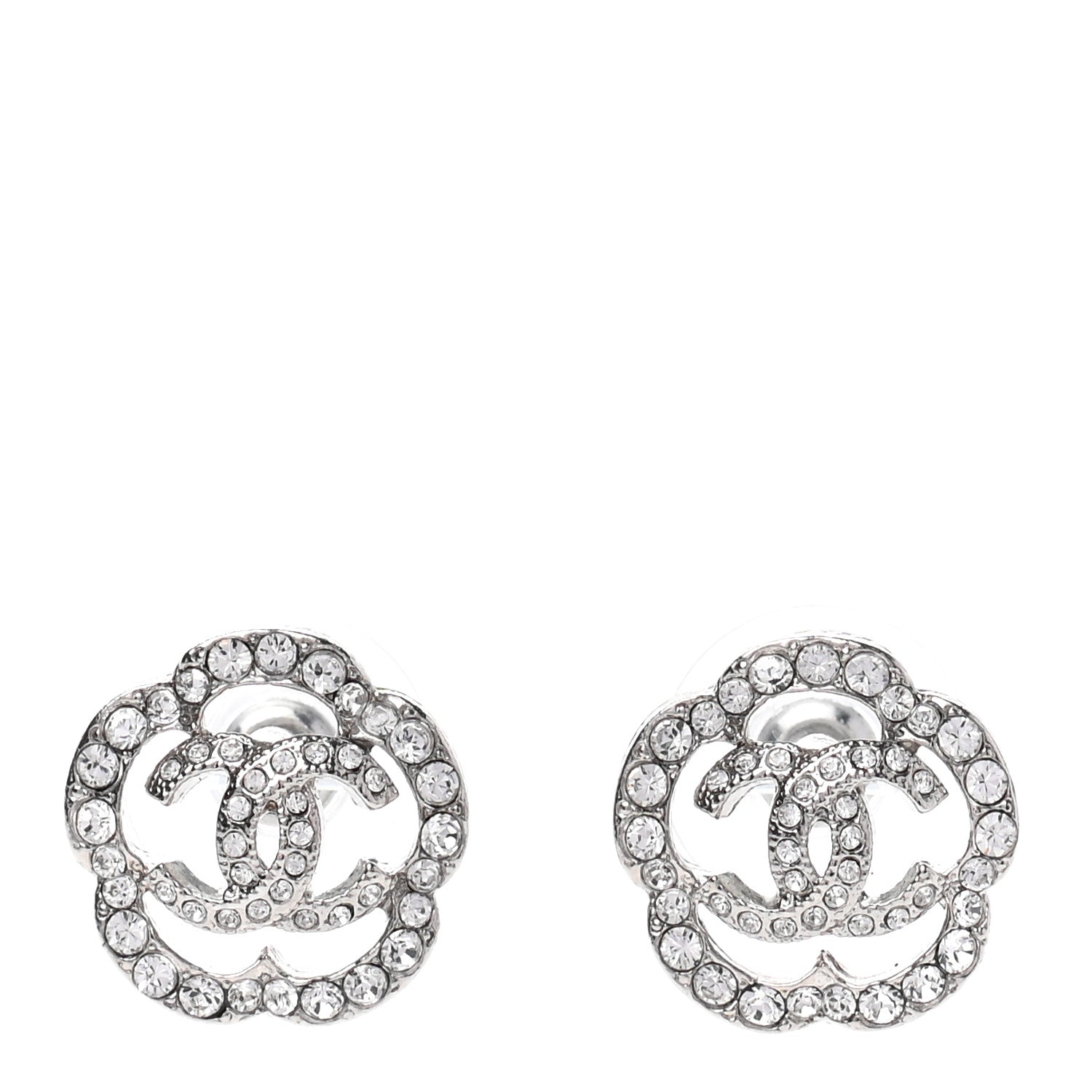 Chanel Crystal Coco Flapper Camellia CC Stud Earrings Silver 1 of 4