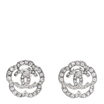 Chanel Crystal Coco Flapper Camellia CC Stud Earrings Silver 1 of 4