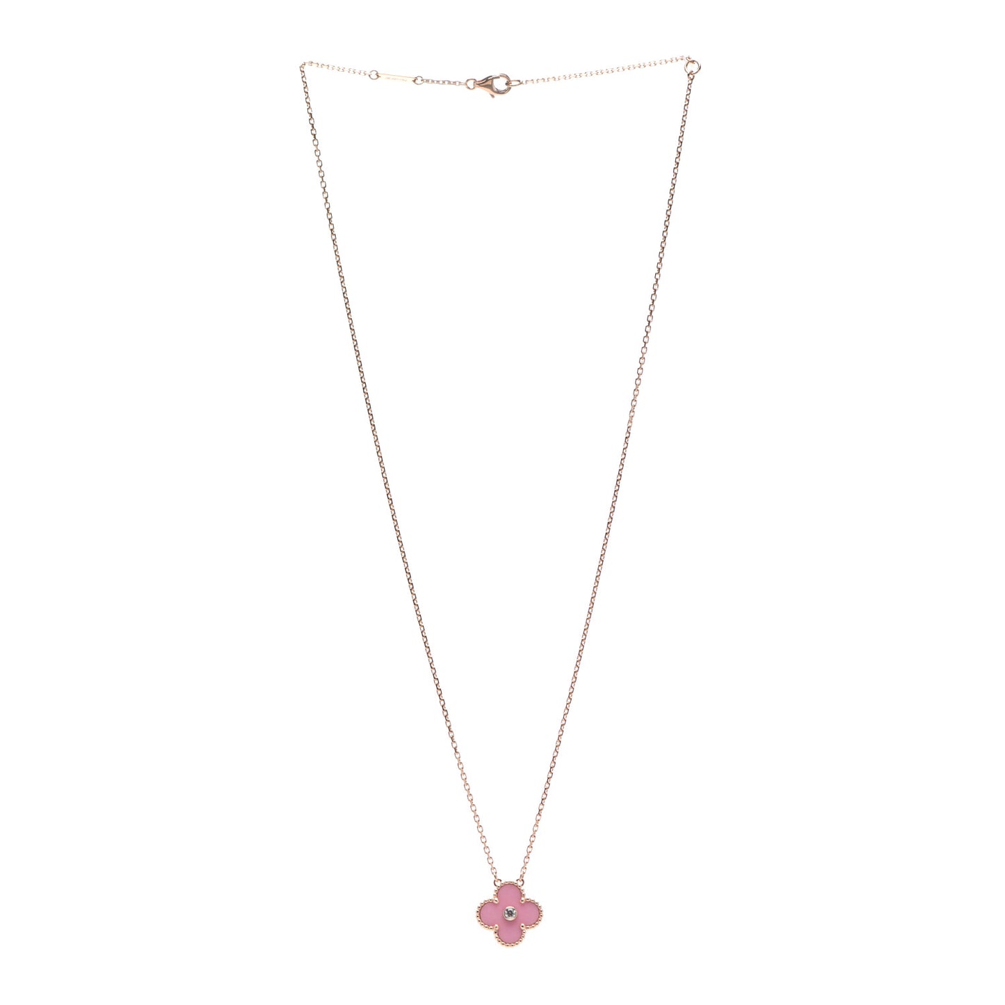 18K Rose Gold Diamond Pink Porcelain Vintage Alhambra Pendant Necklace