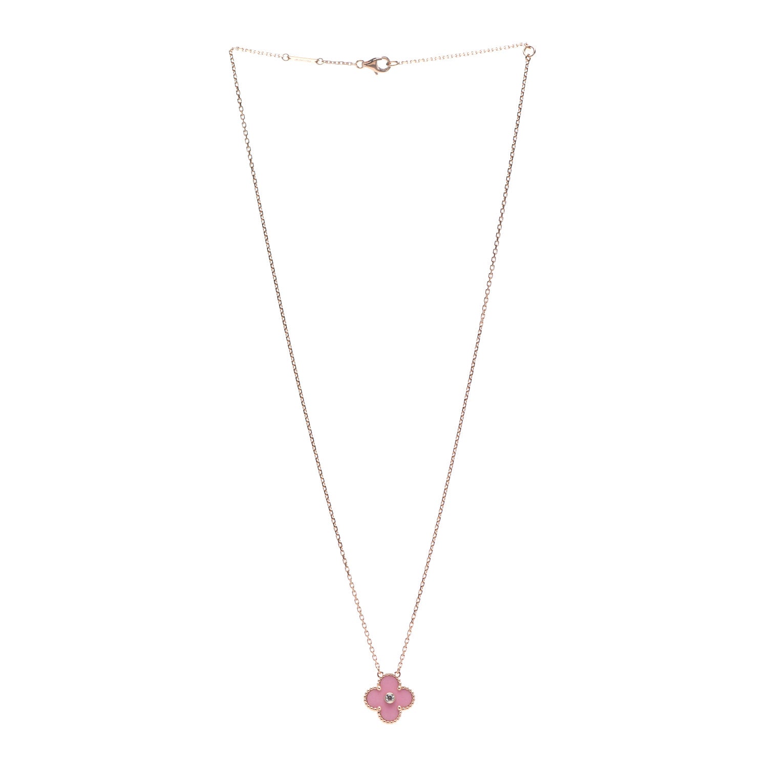 Van Cleef & Arpels 18K Rose Gold Diamond Pink Porcelain Vintage Alhambra Pendant Necklace 3 of 6