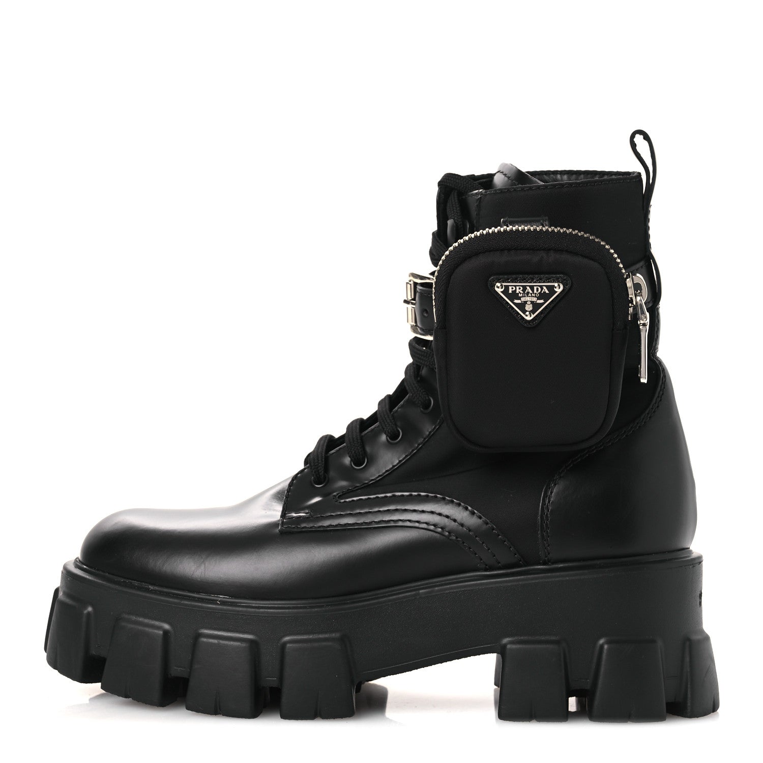 Prada Spazzolato Rois Nylon Metal Triangle Logo Monolith Pouch Pocket 55mm Boots 38 Black 1 of 12