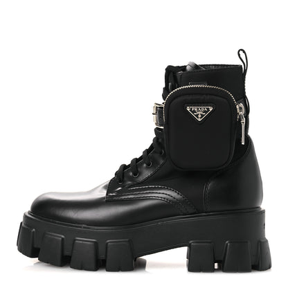 Prada Spazzolato Rois Nylon Metal Triangle Logo Monolith Pouch Pocket 55mm Boots 38 Black 1 of 12