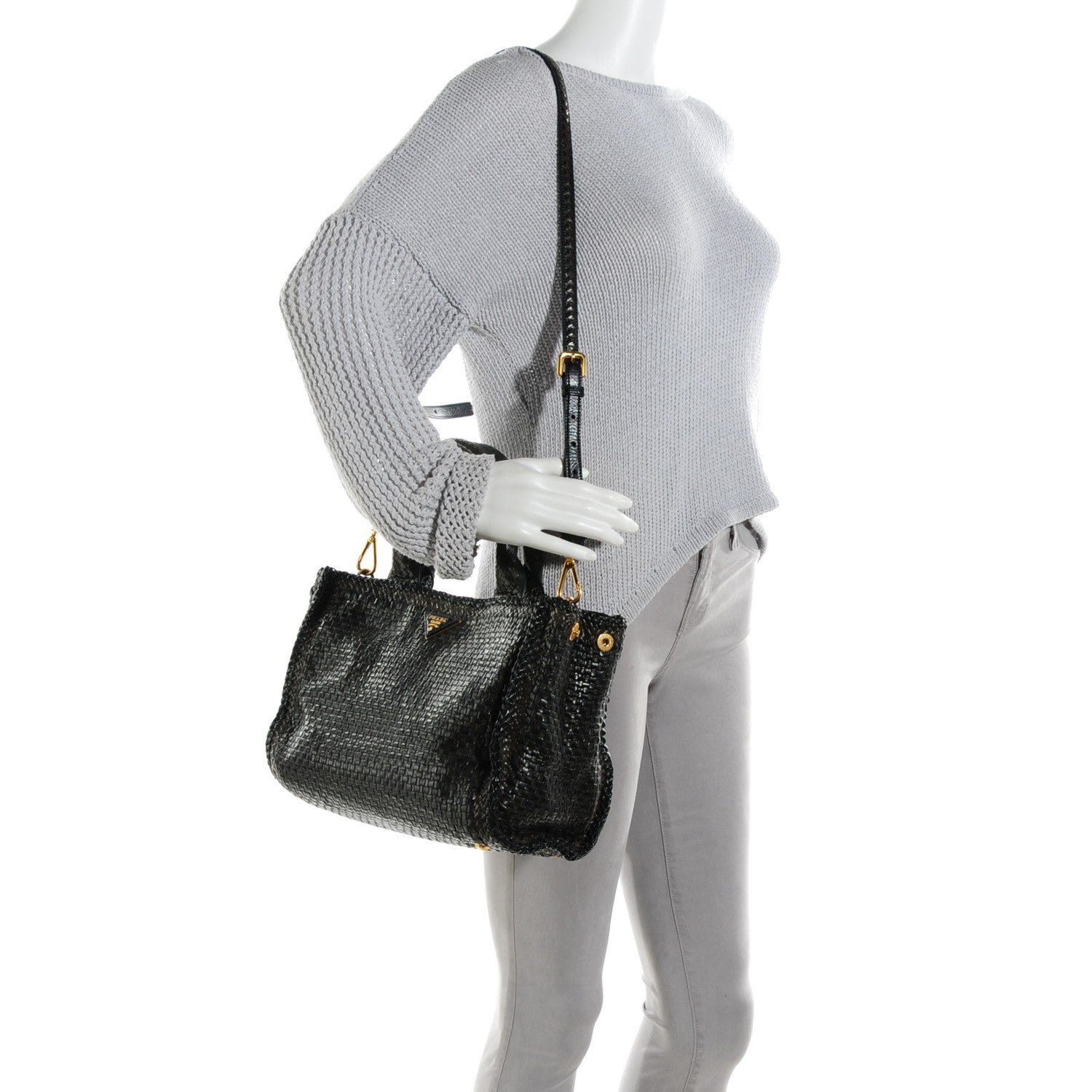 Prada Goatskin Woven Small Tote Moro Black 2 of 8