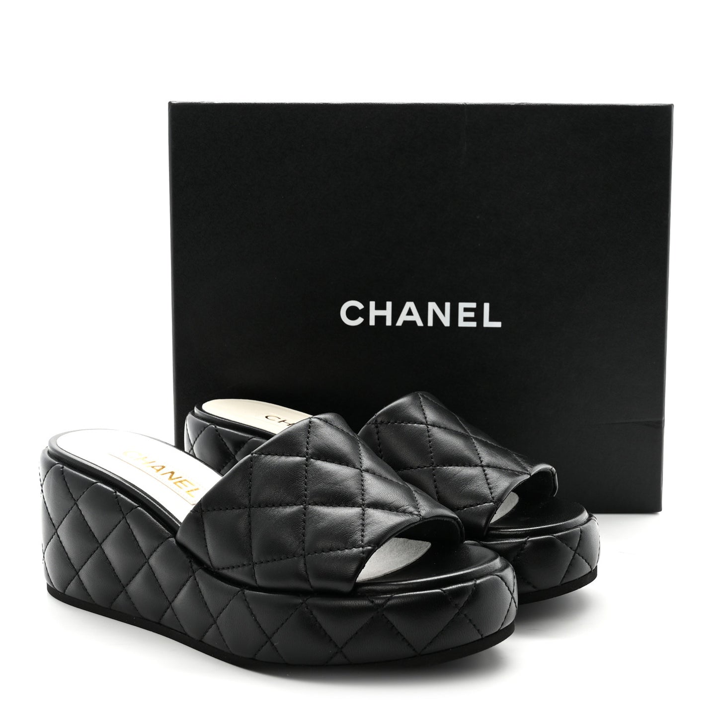 Lambskin Quilted Camelia CC Wedge Sandal Mules 38.5 Black