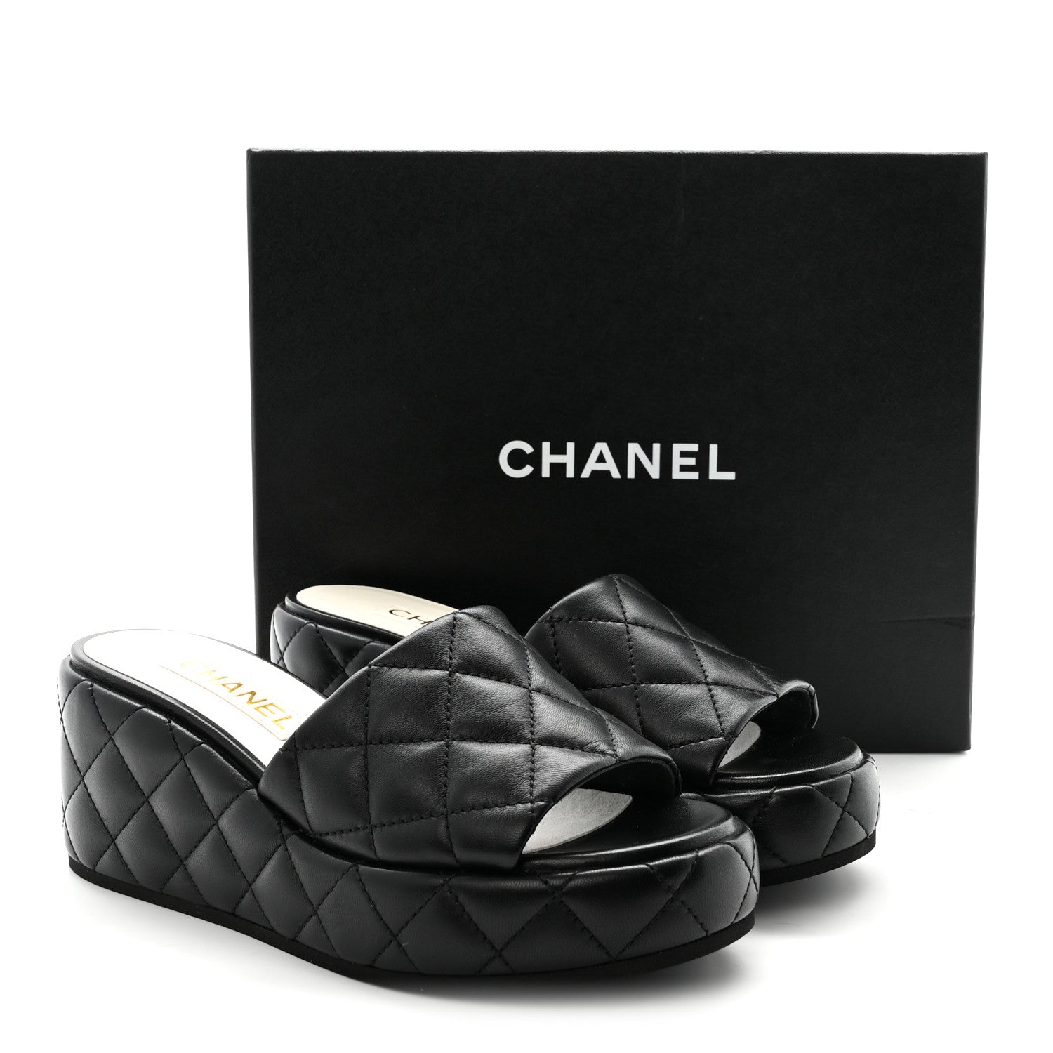 Chanel Lambskin Quilted Camelia CC Wedge Sandal Mules 38.5 Black 10 of 10