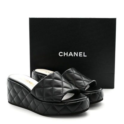 Chanel Lambskin Quilted Camelia CC Wedge Sandal Mules 38.5 Black 10 of 10