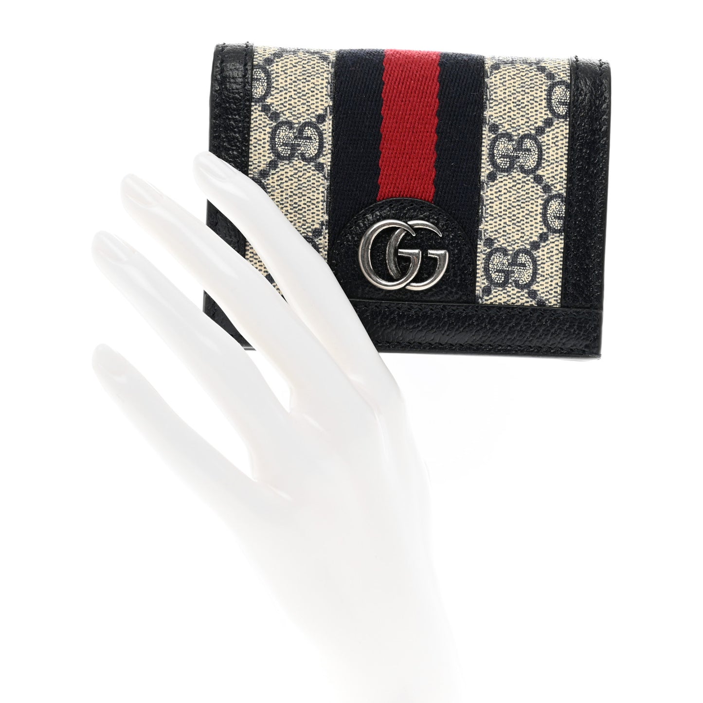GG Supreme Monogram Textured Dollar Calfskin Web Ophidia Card Case Beige Blue