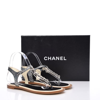 Chanel Fantasy Goatskin Velvet CC Chain Thong Sandals 37 Silver Ivory 10 of 10