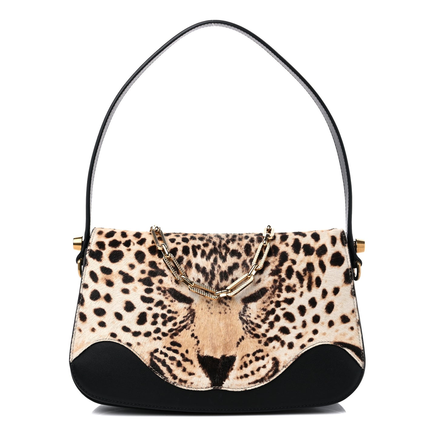 Calf Hair Leopard Print Shoulder Bag Black