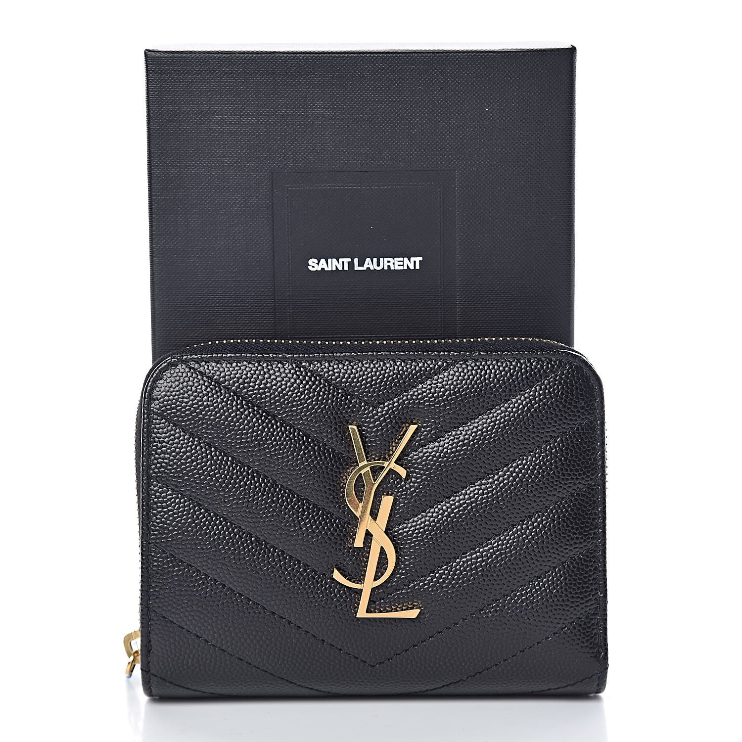 Saint Laurent Grain De Poudre Matelasse Chevron Monogram Compact Zip Around Wallet Black 9 of 9