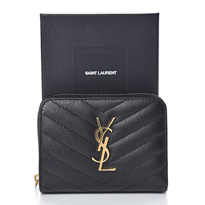 Saint Laurent Grain De Poudre Matelasse Chevron Monogram Compact Zip Around Wallet Black 9 of 9