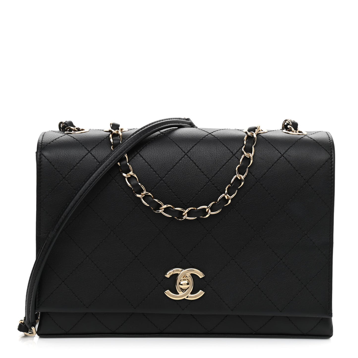Calfskin Stitched Large Flap Black