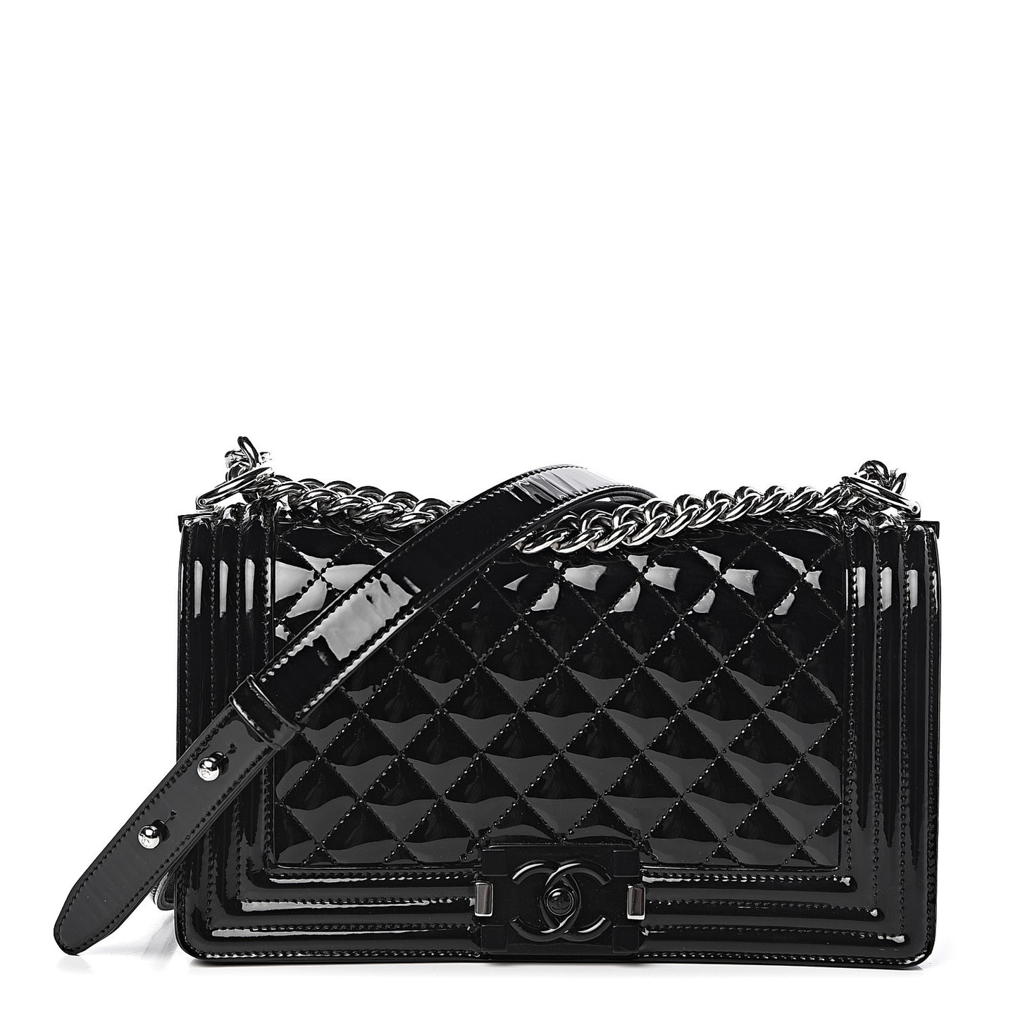 Patent Calfskin Quilted Medium Plexiglass Boy Flap Black
