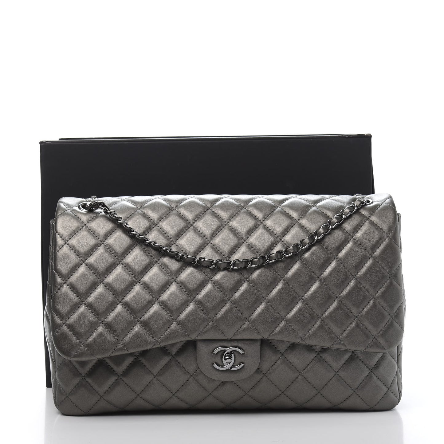 Metallic Calfskin Quilted Small XXL Travel Flap Bag Dark Silver