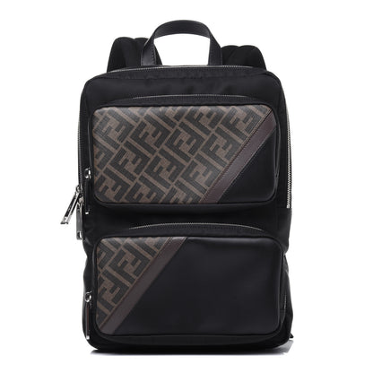 Fendi Glazed Fabric Nylon FF 1974 Diagonal Panelled Backpack Tobacco Moresco Black 1 of 11