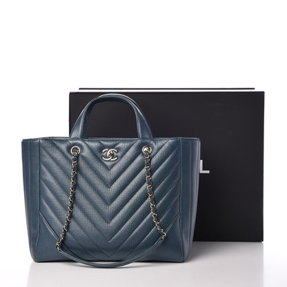 Chanel Metallic Calfskin Chevron Quilted Statement Shopping Bag Blue 8 of 8