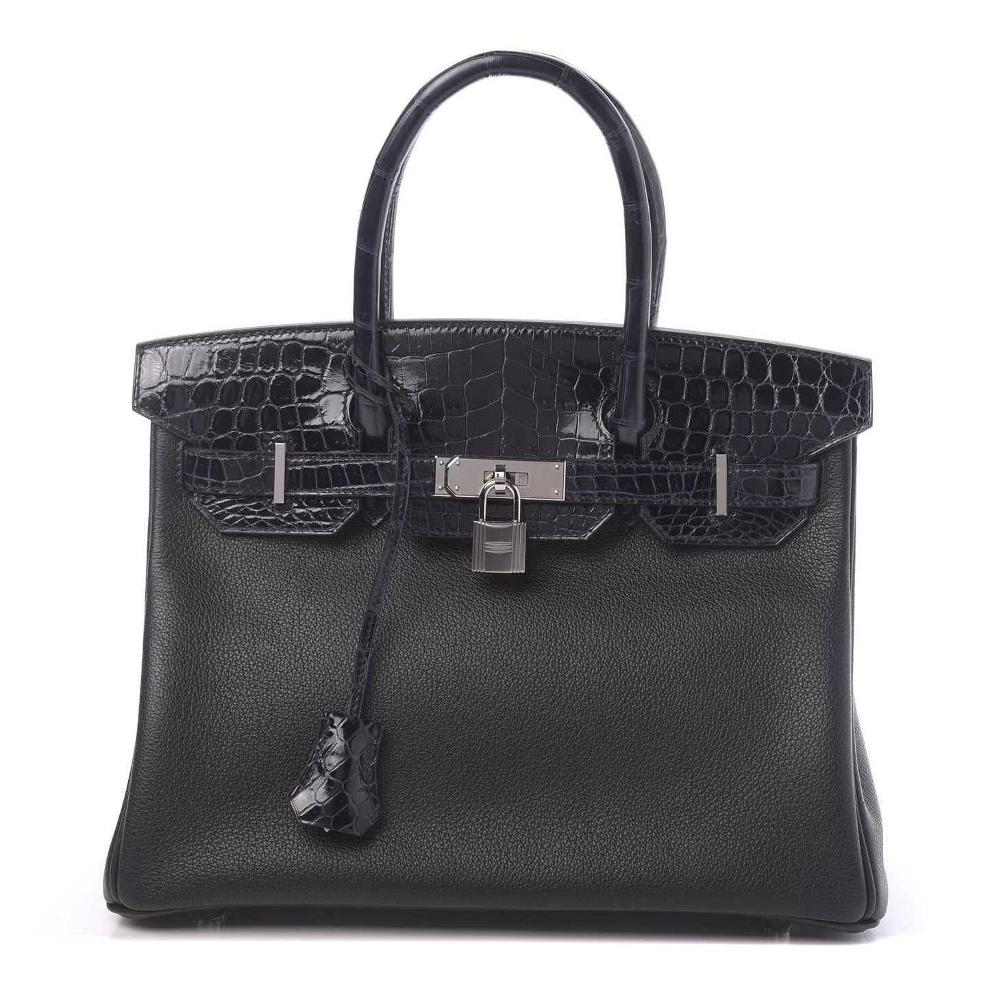 Taurillon Novillo Shiny Niloticus Crocodile Birkin Touch 30 Black Bleu Marine