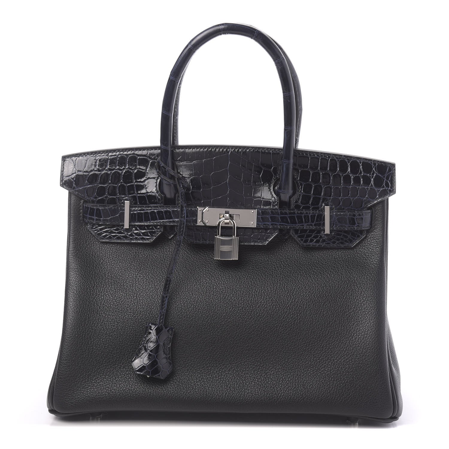 Hermes Taurillon Novillo Shiny Niloticus Crocodile Birkin Touch 30 Black Bleu Marine 1 of 38