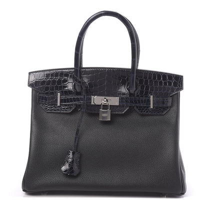 Hermes Taurillon Novillo Shiny Niloticus Crocodile Birkin Touch 30 Black Bleu Marine 1 of 38