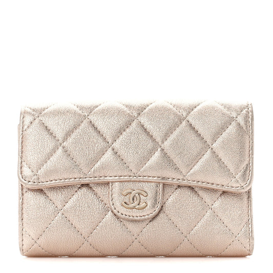 Metallic Lambskin Quilted Medium Flap Wallet Gold