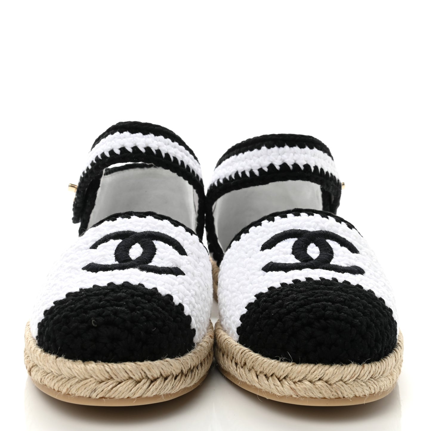 Braided Knit Cap Toe CC Ankle Strap Espadrilles 40 White Black