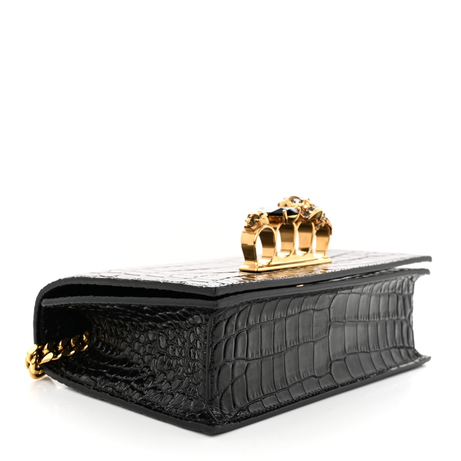 Alexander McQueen Calfskin Crocodile Embossed Mini Jeweled Satchel Black 4 of 10