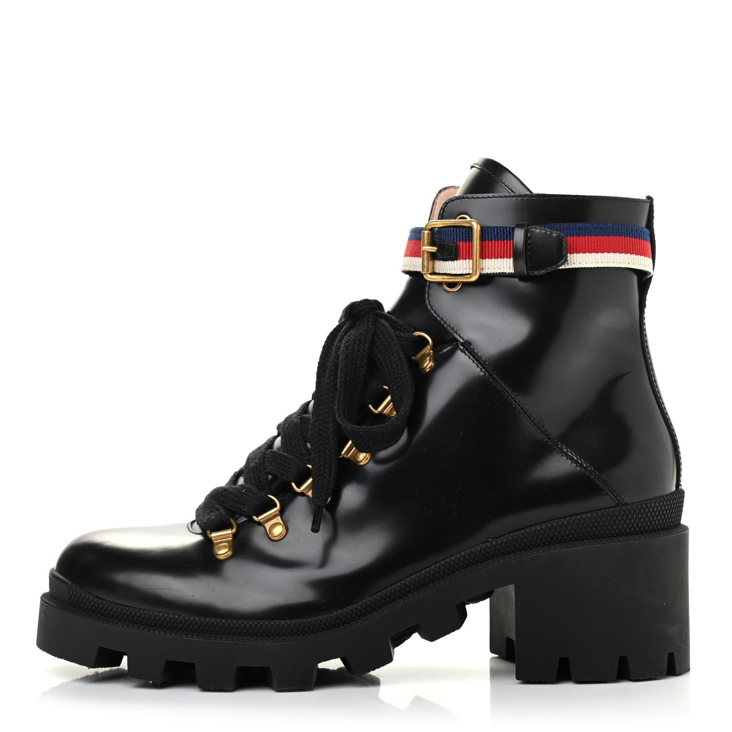 Gucci Calfskin Sylvie Web Lace Up Combat Boots 41 Black 1 of 29