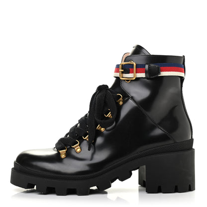 Gucci Calfskin Sylvie Web Lace Up Combat Boots 41 Black 1 of 29