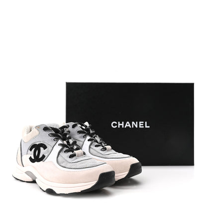 Chanel Mesh Suede Calfskin Grained Calfskin Womens CC Sneakers 37.5 Grey White 10 of 10