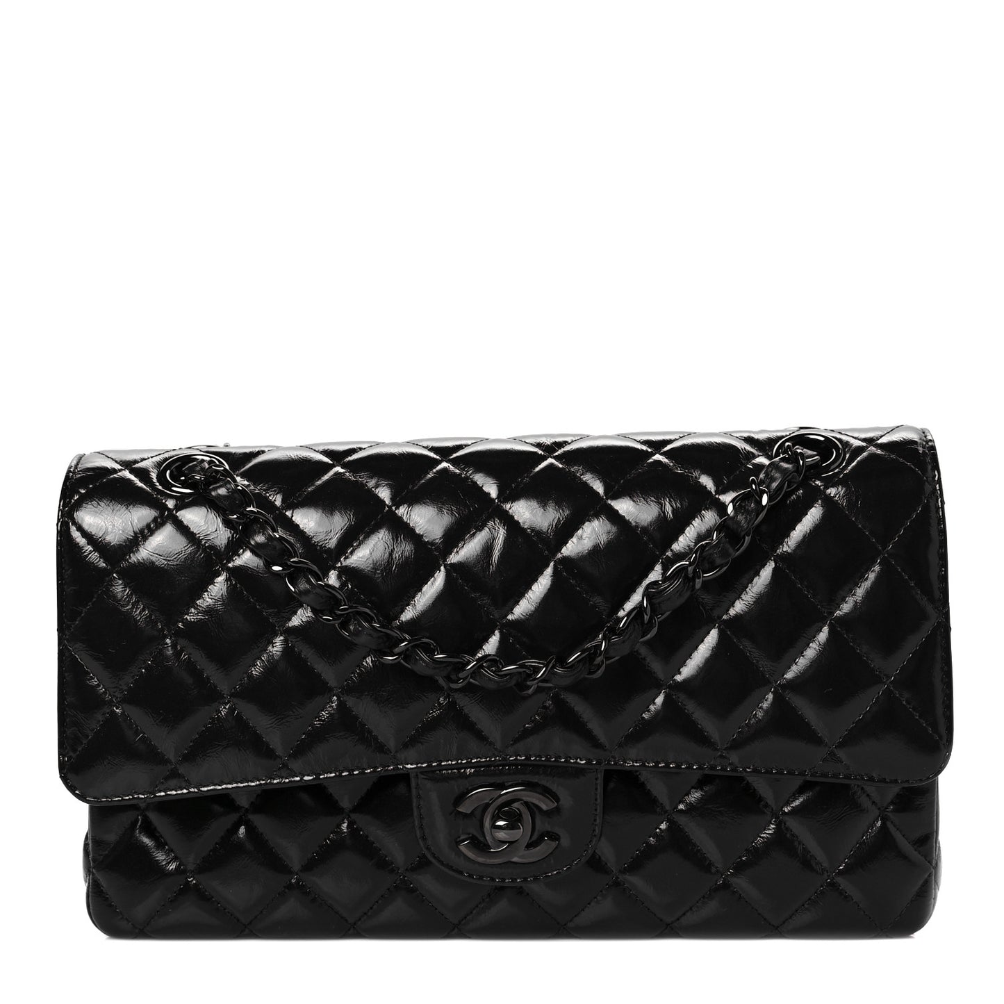 Shiny Crumpled Calfskin Quilted Medium Double Flap So Black