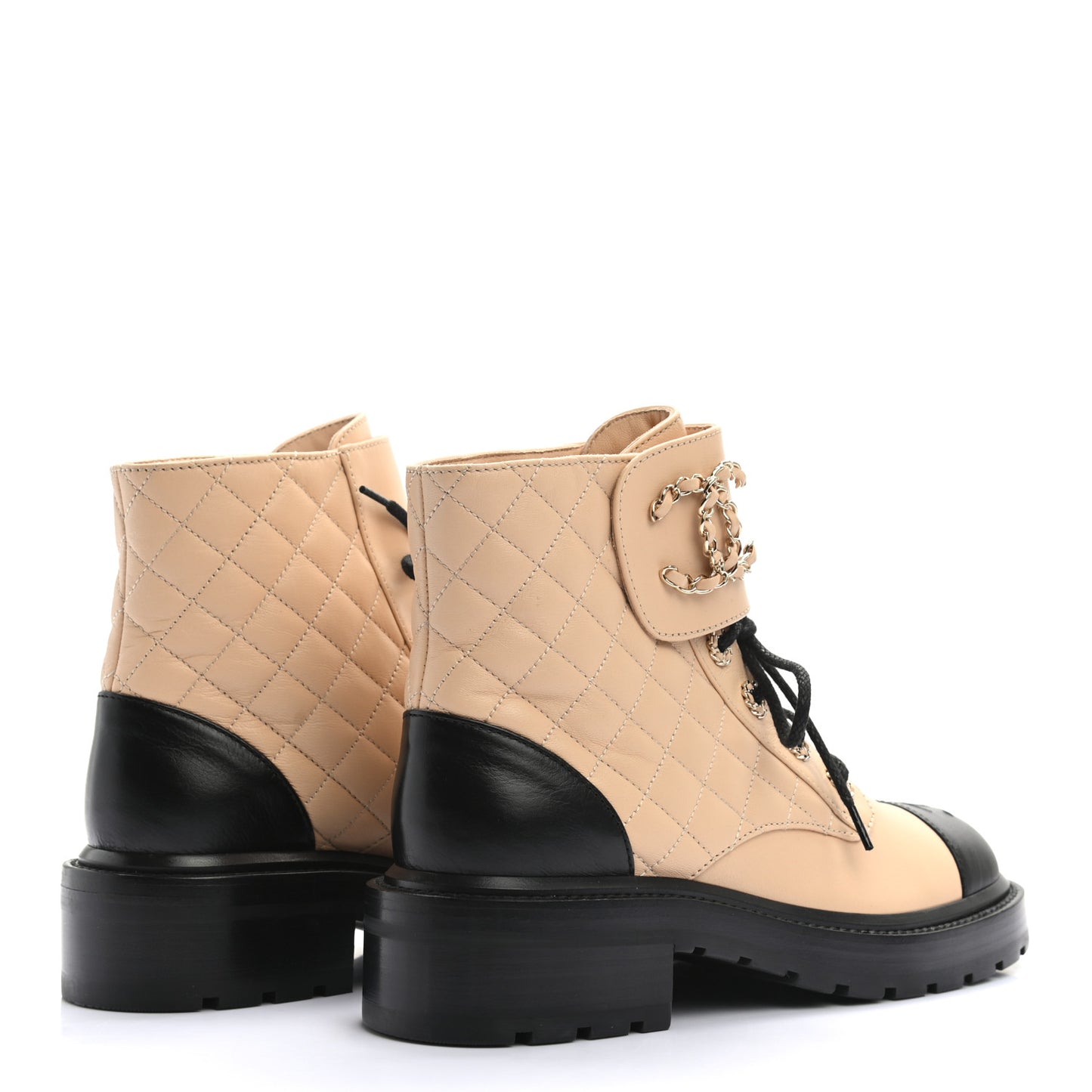 Calfskin Quilted Lace Up Combat Boots 37.5 Beige Black